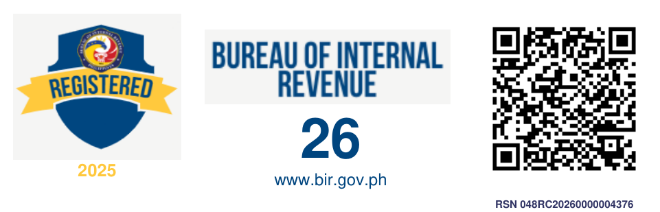 BIR Registration Seal Badge: Registered, Bureau of Internal Revenue, with a QR code to verify RSN 048RC20260000004376