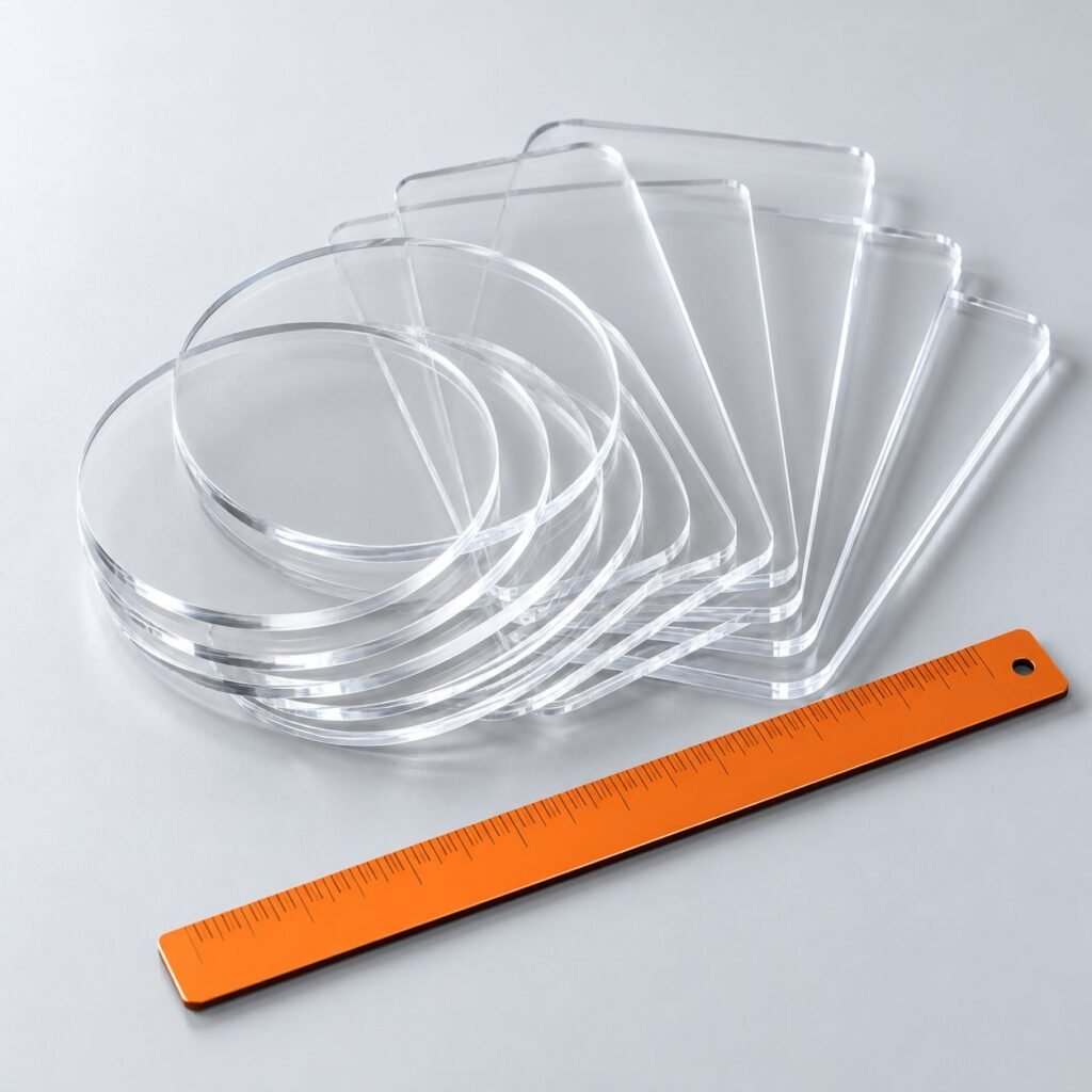 Styled scene: A fanned stack of clear acrylic blanks with glowing edges beside an orange ruler
