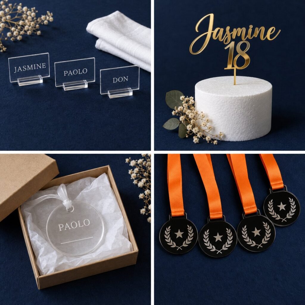 Sample idea: Four souvenir samples: wedding place cards, a Jasmine 18 cake topper, a christening keepsake tag in a kraft box, and school medals on orange lanyards