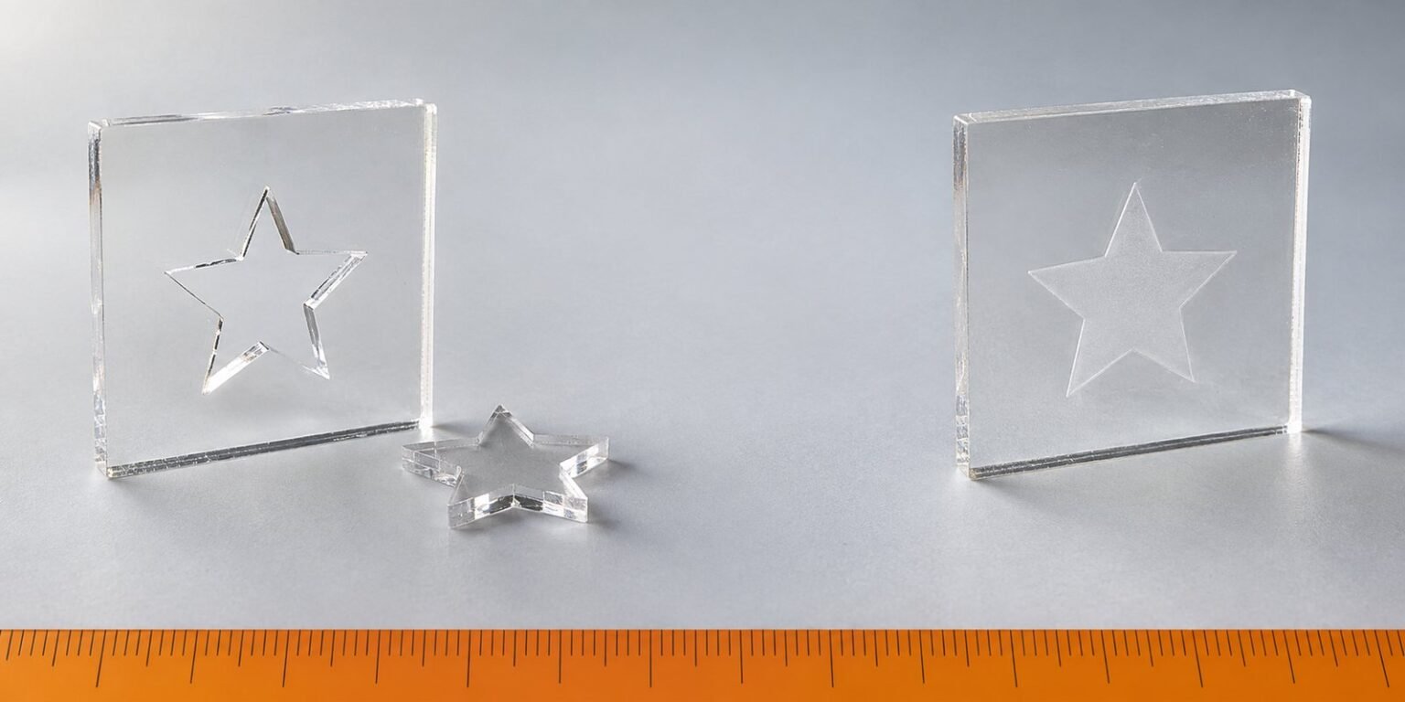 Illustration: Two clear acrylic plates: a star cut all the way through, and a star engraved on the surface