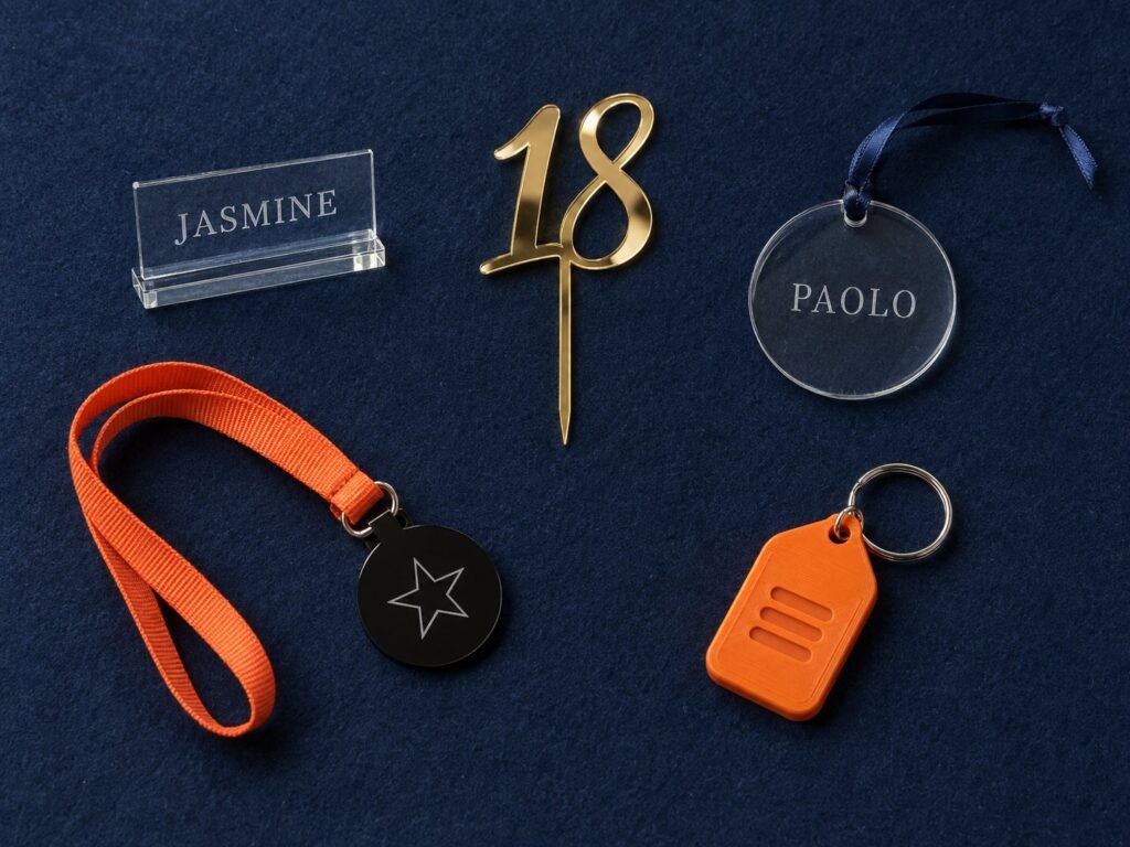 Sample idea: Sample souvenirs on a navy board: a JASMINE place card, a gold 18 topper, a PAOLO ornament, a medal on an orange lanyard and a logo keychain