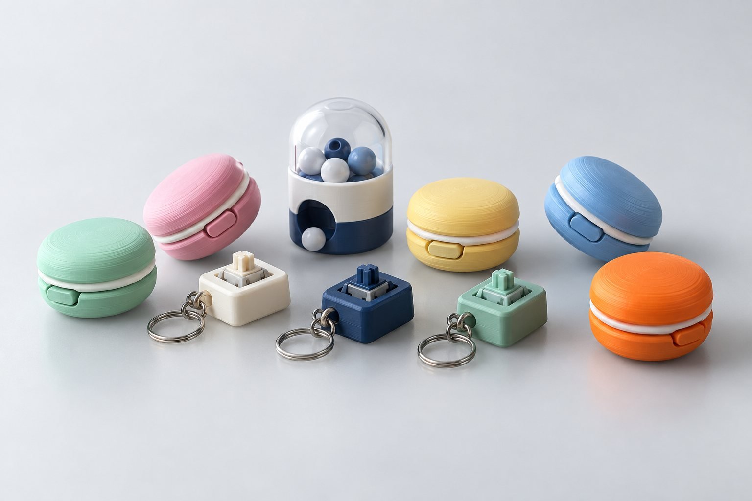 Styled scene: 3D-printed fidget clickers and keychain fidgets in pastel colours with one orange clicker
