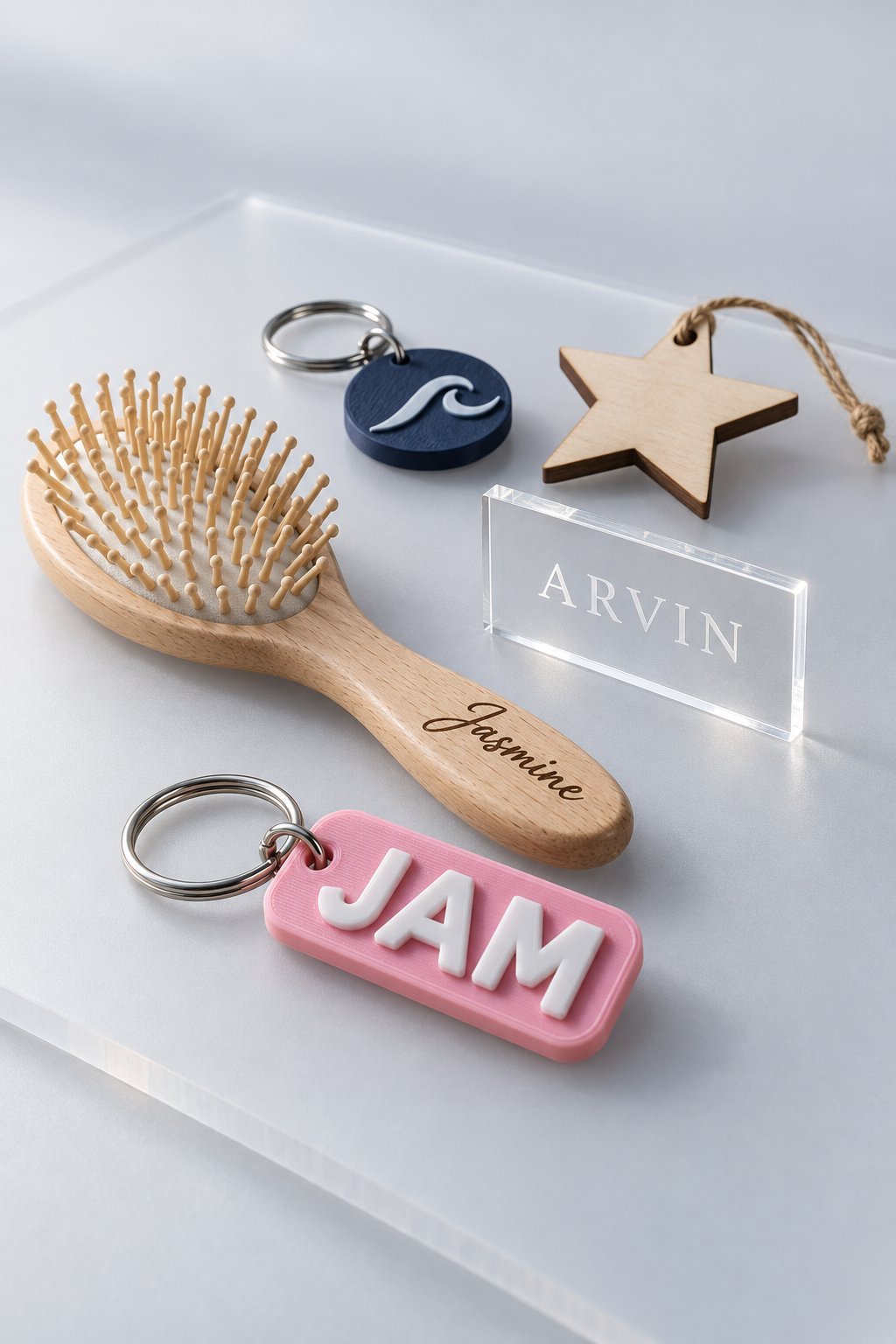 Styled scene: Personalized gifts on a table: a name keychain, an engraved brush, an acrylic nameplate and a star ornament
