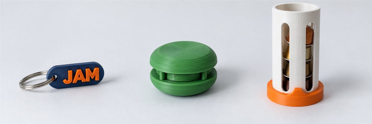 Illustration: A name keychain, a fidget clicker and a capsule dispenser, 3D printed