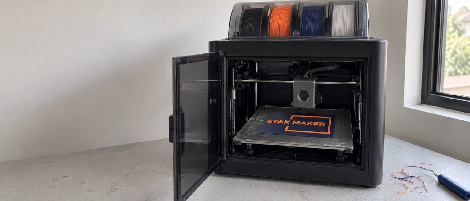 Illustration: A 3D printer nozzle laying orange filament onto a multicolour part