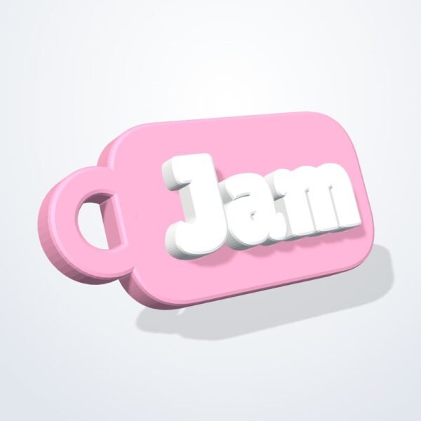 3D printed name keychain reading Jam