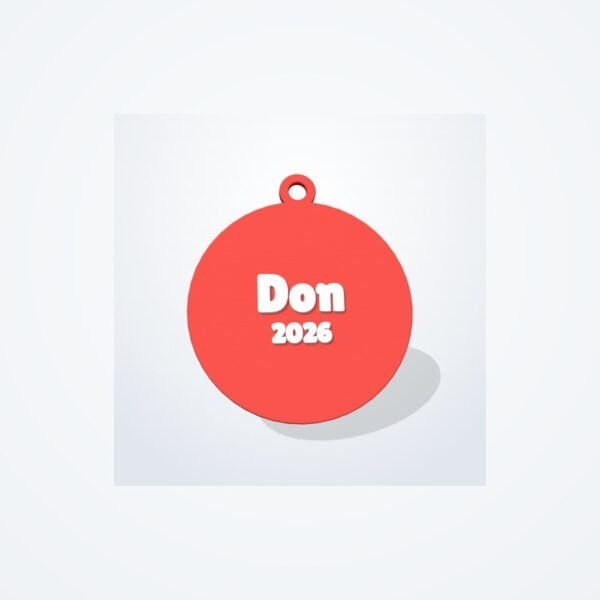 Christmas name ornament, red disc with white raised name