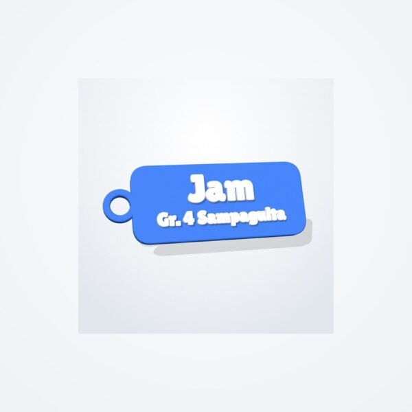 Bag and tumbler name tag, blue with white raised name
