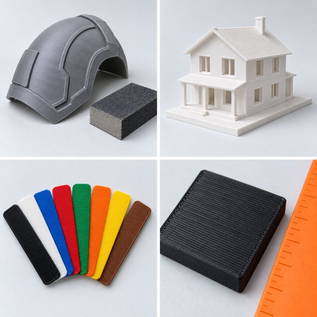 Sample idea: Filament color swatches: black, white, blue, red, green, orange, yellow and brown