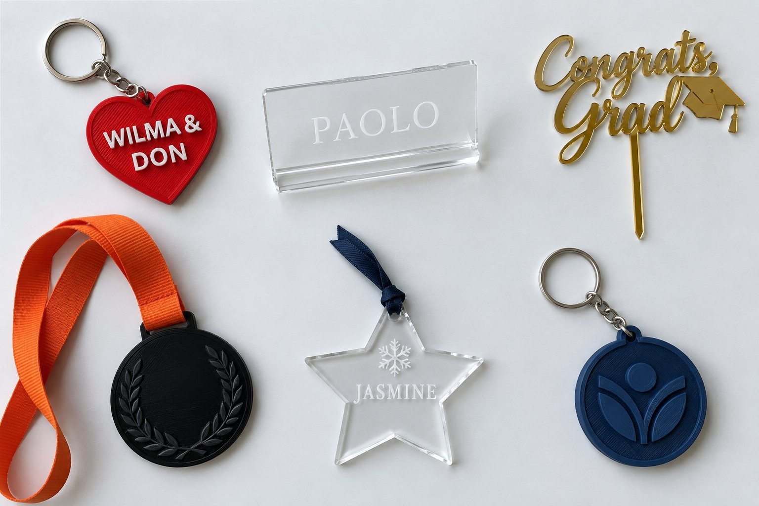 Sample idea: Six giveaway samples: a heart keychain, a place card, a graduation topper, a medal, an ornament and a logo keychain