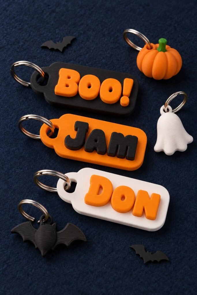 Sample idea: Halloween name keychains reading BOO!, JAM and DON with pumpkin, ghost and bat keychains