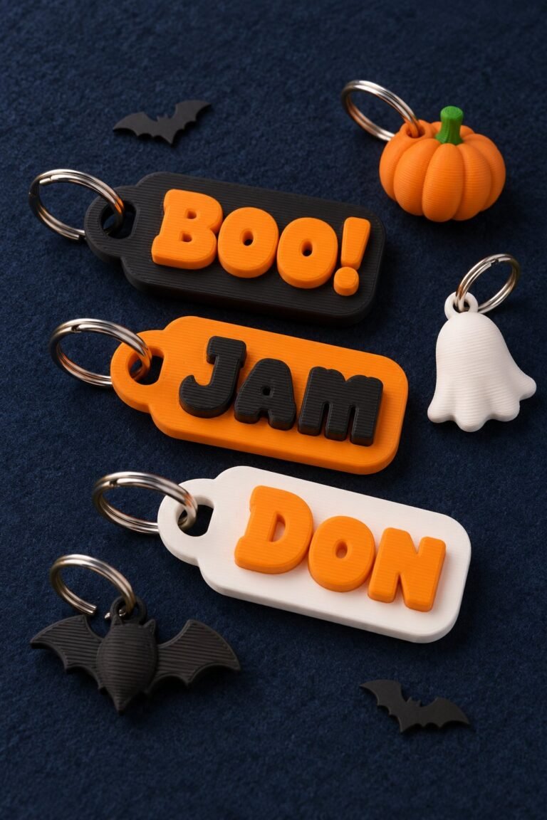 Sample idea: Pumpkin, ghost and bat keychains, 3D printed