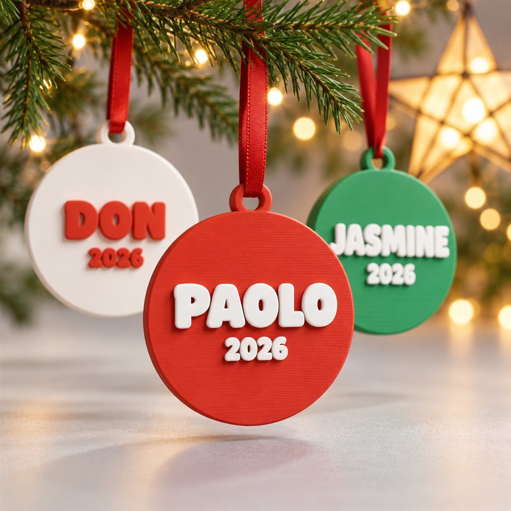 Styled scene: Red, white and green 3D printed Christmas name ornaments reading PAOLO, DON and JASMINE on a pine branch