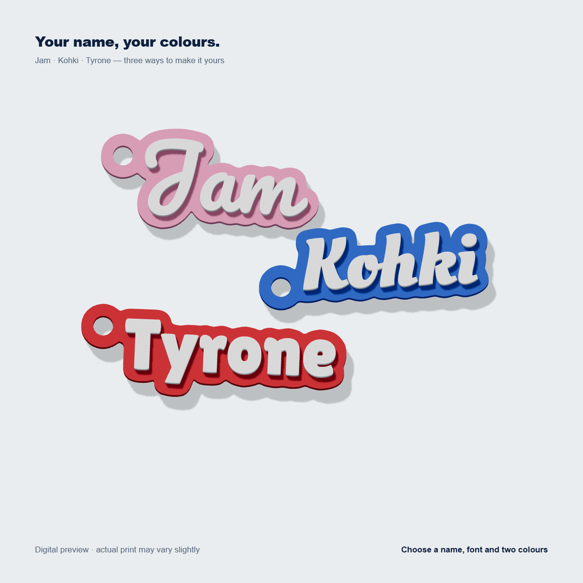 Custom contoured 3D keychain digital previews with Jam, Kohki and Tyrone