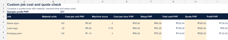 Actual preview of the Custom job cost and quote check Excel workbook
