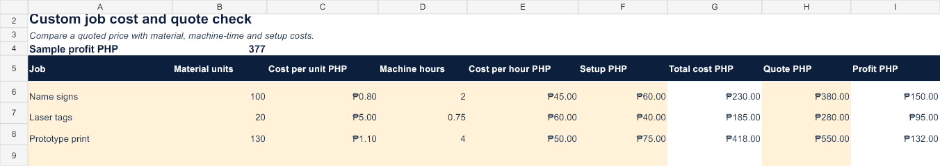 Actual preview of the Custom job cost and quote check Excel workbook