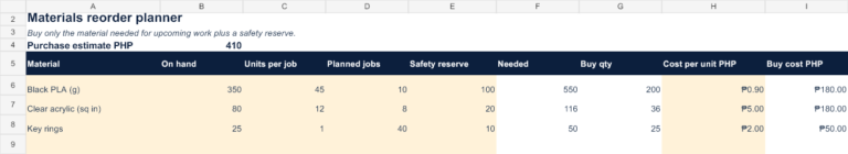 Actual preview of the Materials reorder planner Excel workbook