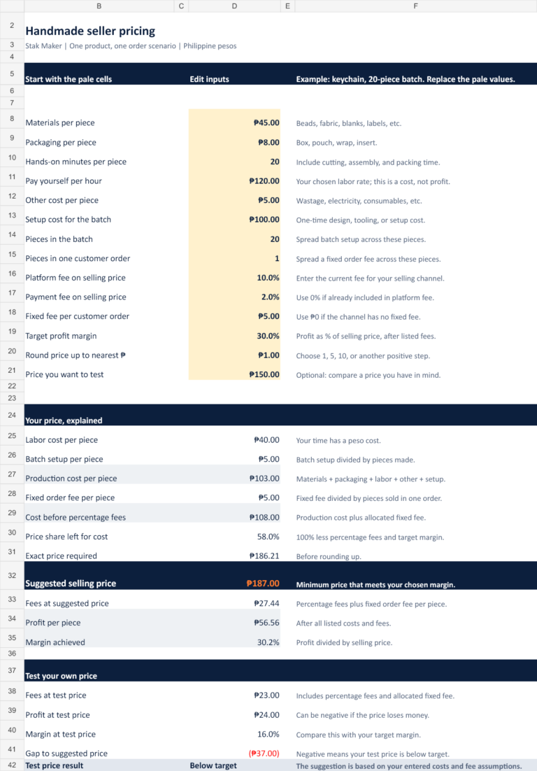 Preview of the handmade pricing Excel sheet with editable cost cells and suggested selling price